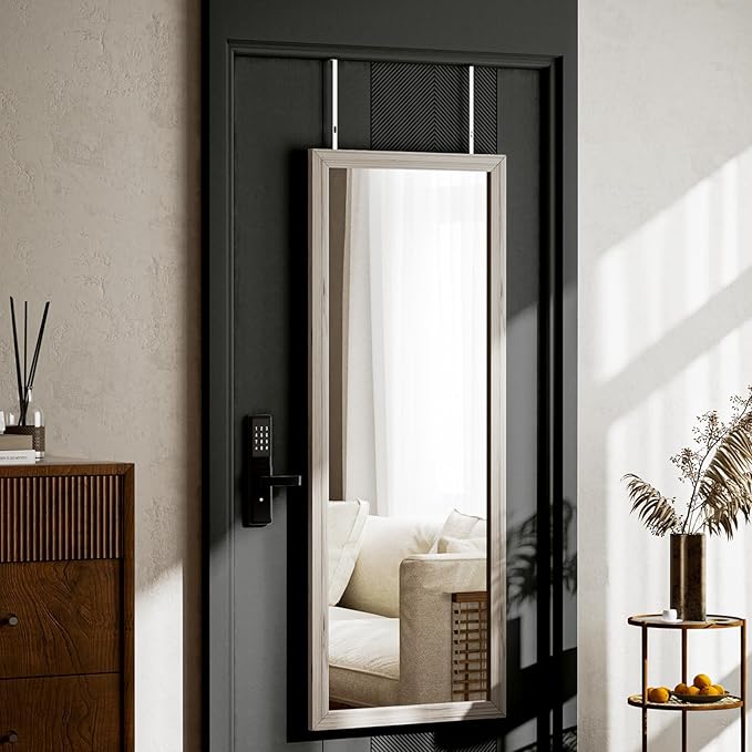 18x48 inch Over Door Mirror Wooden Frame, Full Length Hanging Mirror with Durable and Space-Saving Design for Bedroom, Bathroom, or Closet, Adjustable Height Hooks, White