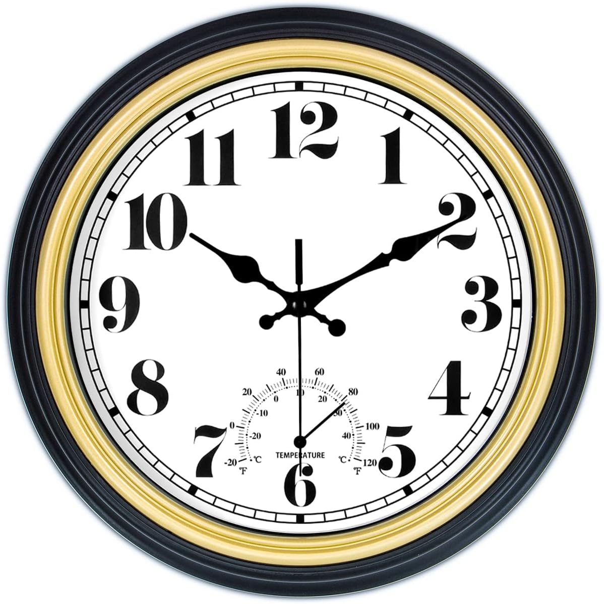 45MinST 12 Inch Indoor/Outdoor Retro Round Waterproof Wall Clock with Thermometer, Silent Non Ticking Battery Operated Quality Quartz Wall Clock Home/Patio Decor