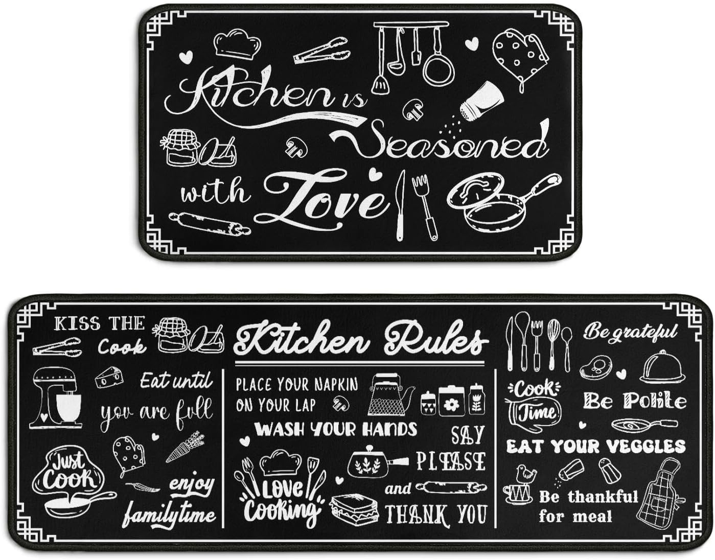 Black and White Kitchen Rugs Kitchen Decor Rugs Set Kitchen Rules Theme Non Skid 2 Piece Kitchen Mats For Floor Washable Absorbent Microfiber Kitchens Accessories Decoration Floor Mats 17"x47"+17"x30"