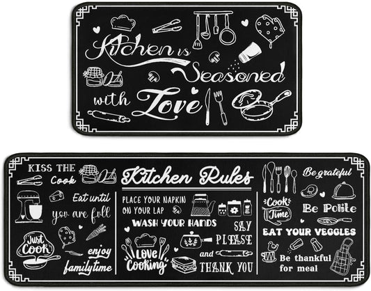 Black and White Kitchen Rugs Kitchen Decor Rugs Set Kitchen Rules Theme Non Skid 2 Piece Kitchen Mats For Floor Washable Absorbent Microfiber Kitchens Accessories Decoration Floor Mats 17"x47"+17"x30"