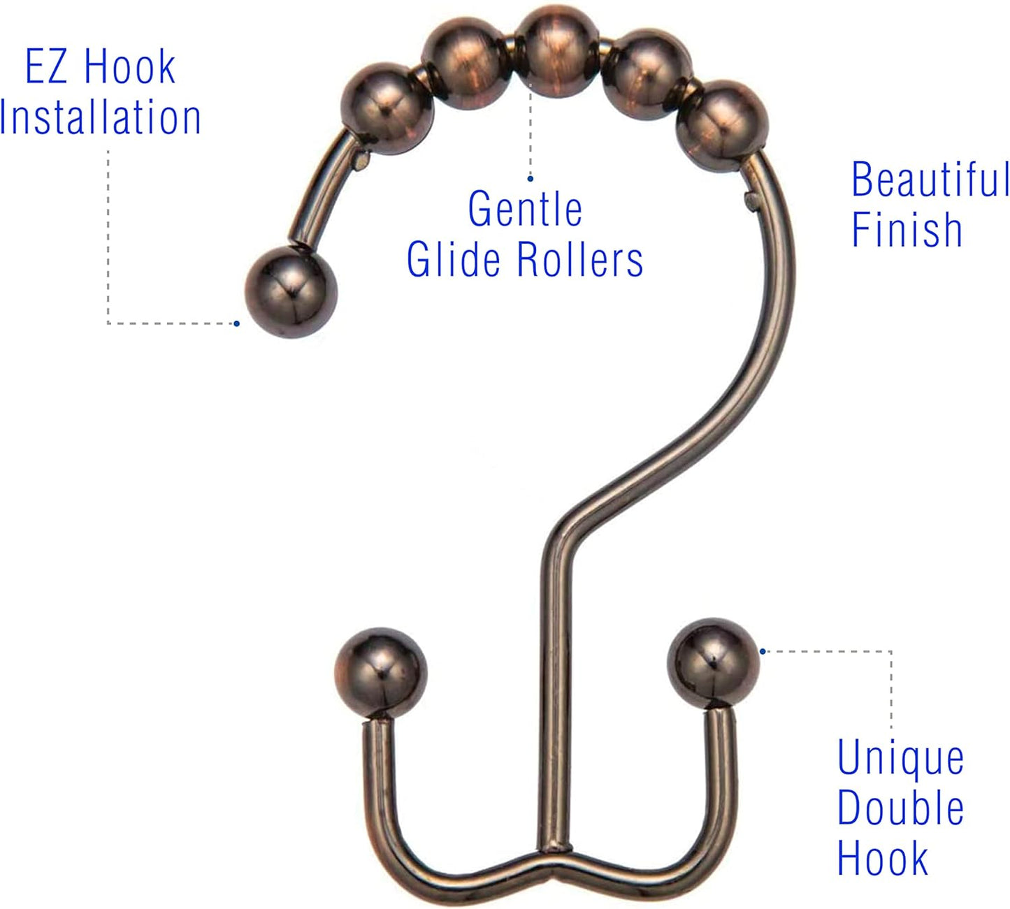 2lbDepot Shower Curtain Rings Hooks - Bronze Finish - Premium 18/8 Stainless Steel - Oil Rubbed Double Hooks with Easy Glide Rollers Rust Resistant - Six Finishes Available - Set of 12 for Shower Rod