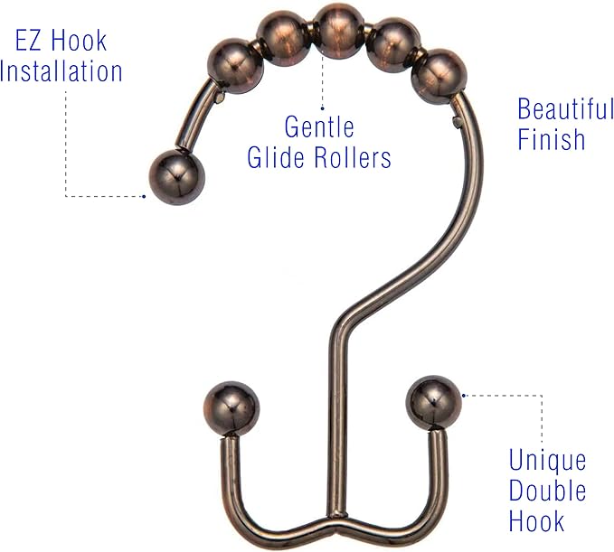 2lbDepot Shower Curtain Rings Hooks - Bronze Finish - Premium 18/8 Stainless Steel - Oil Rubbed Double Hooks with Easy Glide Rollers Rust Resistant - Six Finishes Available - Set of 12 for Shower Rod