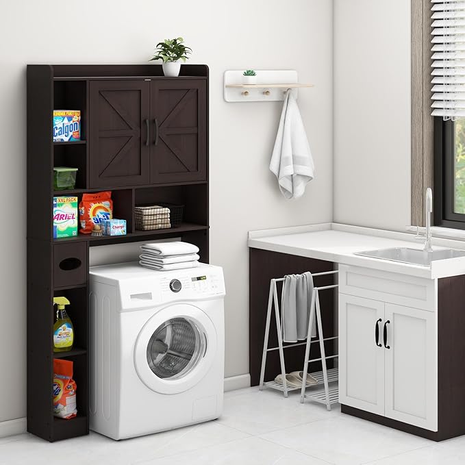 Over The Toilet Storage Cabinet, Farmhouse Storage Cabinet Over Toilet with 2 Barn Door & Toilet Paper Holder Stand，Home Space-Saving Toilet Rack, for Bathroom, Restroom, Laundry