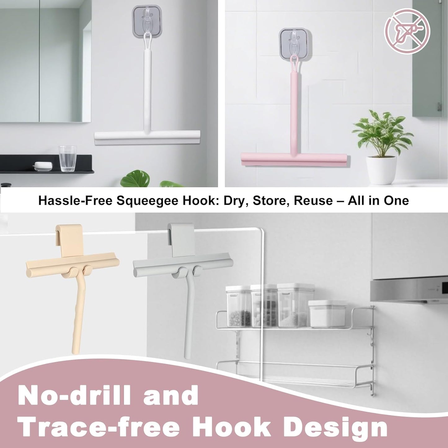 Squeegee for Shower Glass Doors, Resilient Loop - No-Drill & Adhesive Hook, Silicone Shower Squeegee with Stainless Steel Core, Cleaning Tool for Home, Kitchen, Bathroom & Car - Pink