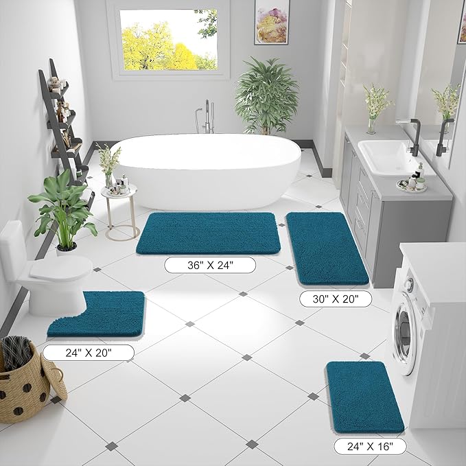 OLANLY Bathroom Rugs 44x24, Extra Soft Absorbent Chenille Bath Rugs, Rubber Backing Quick Dry, Machine Washable Bath Mats for Bathroom Floor, Tub and Shower, Home Decor Accessories, Peacock Blue