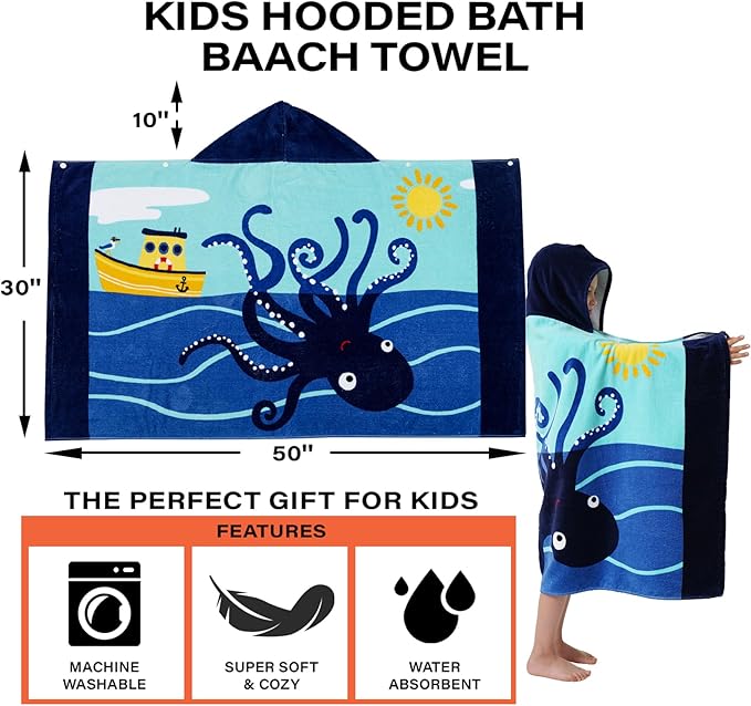 Kids Bath Towels, Kids Towel Girls Boys Hooded Beach,Bathroom,Pool Swim Towels 30 × 50 INCH Large Size Ultra Absorbent Cute Cartoon Animal Full Vitality 100% Cotton Wearable Wrap for Child