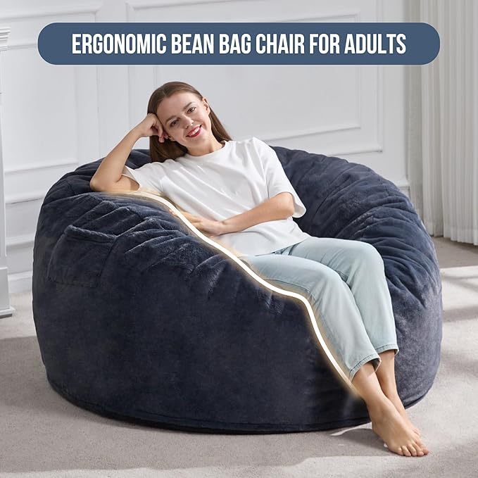 Hobestluk 4ft Bean Bag Chairs for Adults Large Beanbag Chair with Plush Faux Fur Cover Big Bean Bag Chair for Living Room Bedroom Dorm Office - Dark Grey (44” x 44” x 24”)