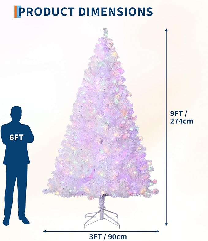 GarveeHome White Christmas Tree, 9ft Prelit Artificial Christmas Tree with LED Warm White Lights & Metal Stand, Fake Xmas Pine Holiday Decoration for Home, Office, Party