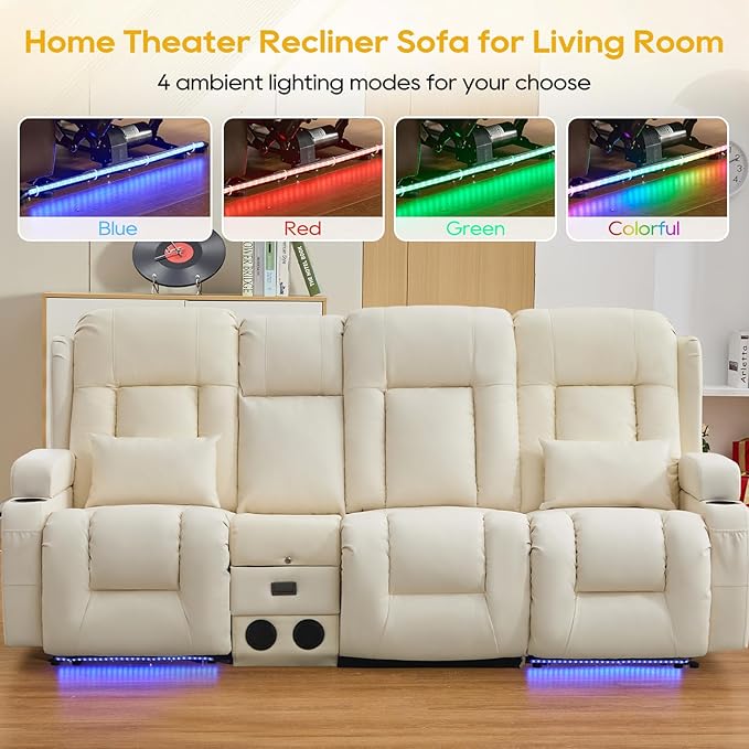 IPKIG 89" Power Reclining Loveseat Sofa, Electric Home Theater Seating with Console/4 Colors Ambient Lighting/Bluetooth Speakers/USB Ports/Built-in Outlets (Off-White, 3-Seater with Console)
