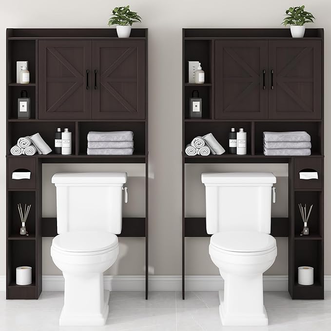 Over The Toilet Storage Cabinet, Farmhouse Storage Cabinet Over Toilet with 2 Barn Door & Toilet Paper Holder Stand，Home Space-Saving Toilet Rack, for Bathroom, Restroom, Laundry