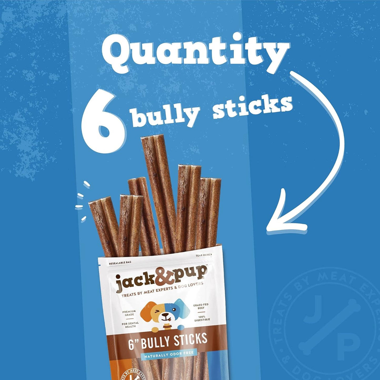 Jack&Pup 6-inch Premium Grade Odor Free Bully Sticks Dog Treats [Thick-Size] – 6” Long All Natural Gourmet Dog Treat Chews – Fresh and Savory Beef Flavor - (6 Pack)