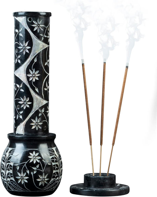 Crocon Black Marble Soapstone Incense Stick Burner Round Shape Flower & Leaf with Handi Design Tower Burner Candle Stick Holder Decorative Home & Kitchen 2.7x2.7x10 Inch