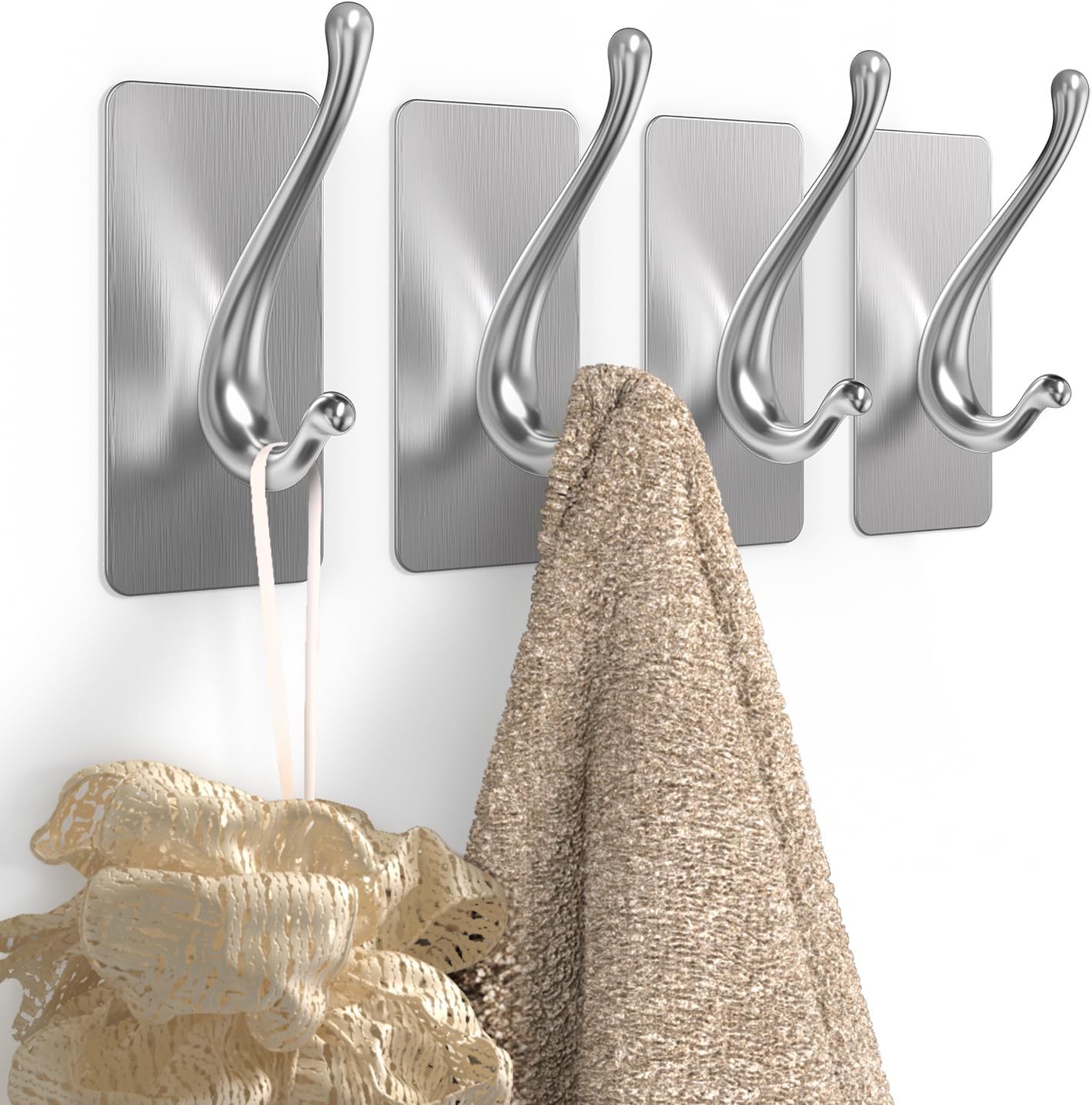Towel Hooks, Solid Alloy Adhesive Wall Hooks for Hanging, Towel Hooks for Bathroom, RV, Kitchen, Closets, etc (Silver, 4 Pack)