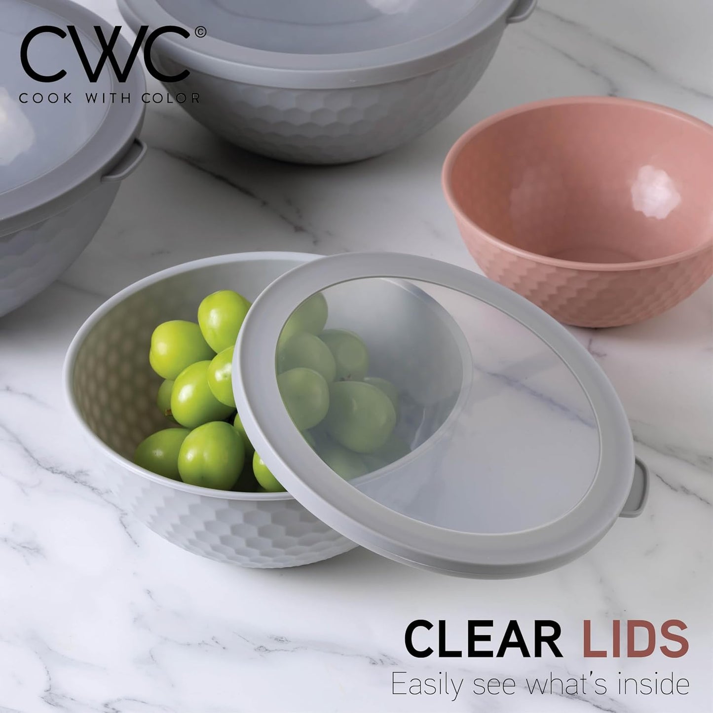 COOK WITH COLOR Mixing Bowls with Lids - 12 Piece Plastic Nesting Bowls Set includes 6 Prep Bowls and 6 Lids, Non Slip Bottom and Embossed Design - Microwave Safe (Pink)