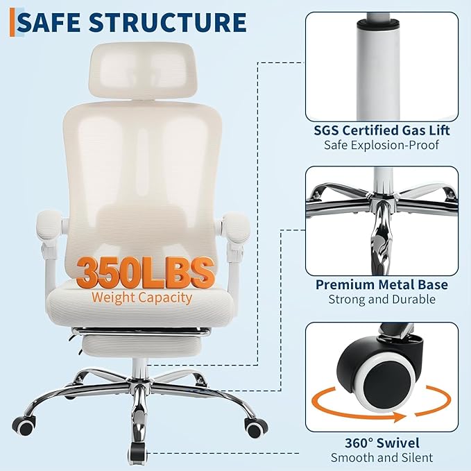 Ergonomic Office Chair, Adjustable Headrest and Lumbar Support, Retractable Footrest, Home Office Computer Executive Desk and Chair with Wheels for Home Office, Beige with Pillow