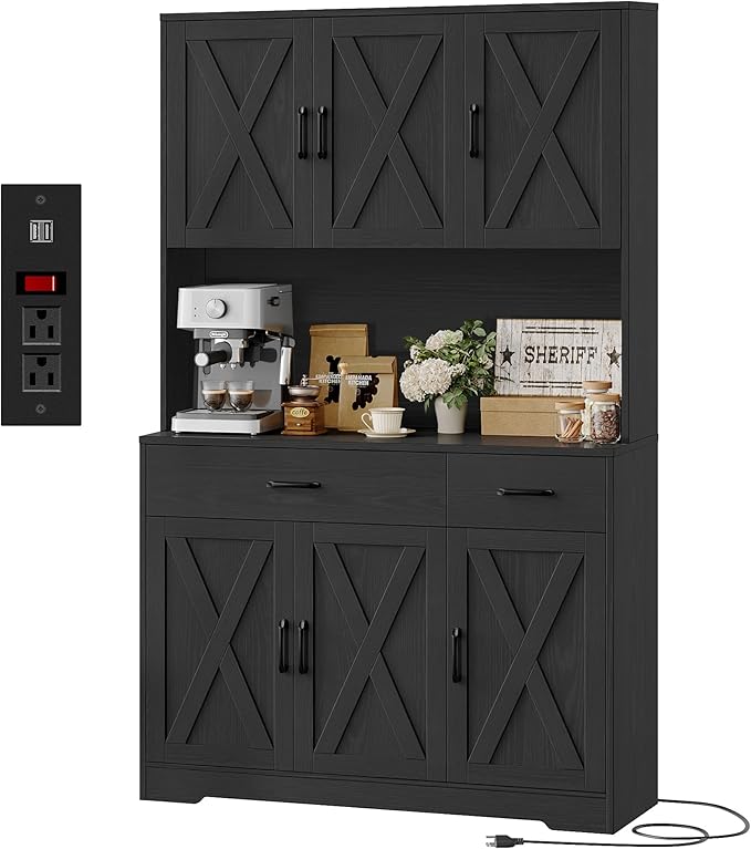 HOSTACK 71" Pantry Cabinet with Charging Station, Tall Kitchen Pantry Storage Cabinet with Microwave Stand, Farmhouse Kitchen Hutch with Storage Drawers for Living Room, Dining Room, Black Wood Grain