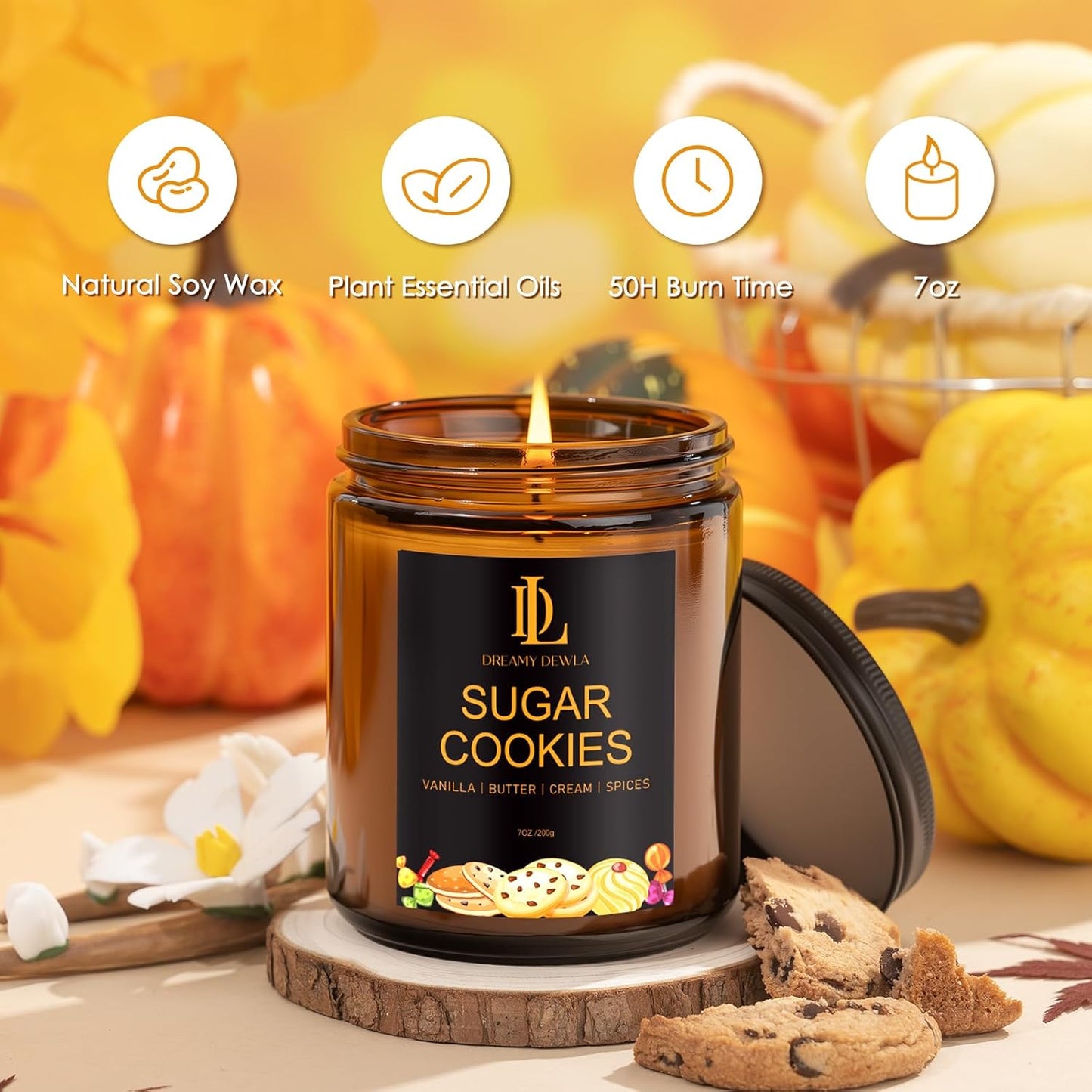 Fall Candle | Sugar Cookies Scented Candle - Autumn Home Decor, 7oz Autumn Soy Candles with 50hr Burn Time, Holiday Thanksgiving Fall Gifts for Women Men