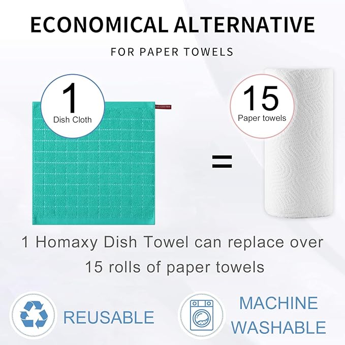 Homaxy 100% Cotton Terry Kitchen Dish Cloths, Ultra Soft and Absorbent Dish Towels for Kitchen, Suitable for Drying and Washing Dishes, 12 Pack, 12 x 12 Inches, Turquoise