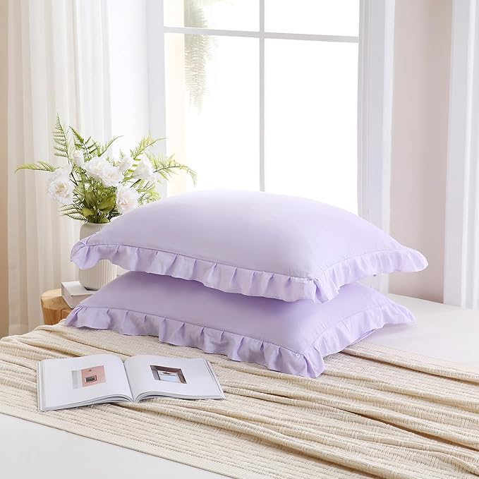 Merryword Lilac Purple Pillow Shams Soft Ruffle Standard Pillowcases Cute Pillow Cover Set of 2 Shabby Chic Soft Microfiber Pillowcases 2 Pack