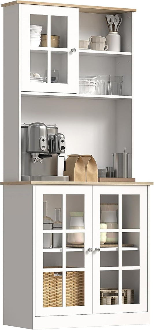 HOMCOM Kitchen Pantry Storage Cabinet, 72" Freestanding Cabinet with Hutch, Large Countertop, Glass Doors and Adjustable Shelves for Dining Room, White