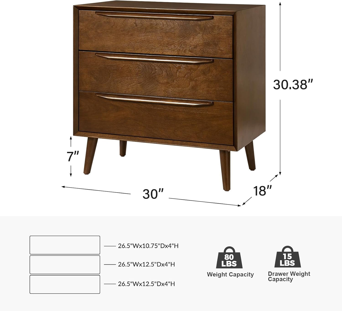 HULALA HOME Mid-Century Modern Nightstand, 3-Drawers Nightstand with Charging Station(Walnut)