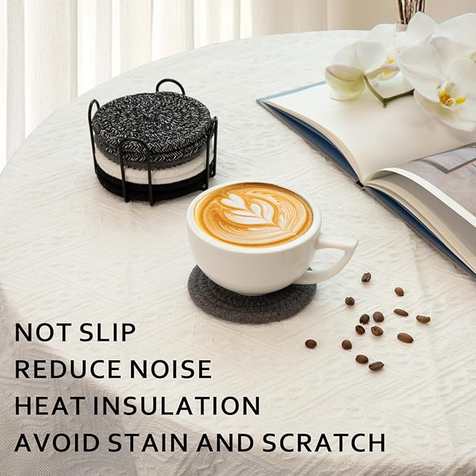 OIAHOMY 8 Pcs Coasters with Holder, Coasters for Drinks, Woven Cotton Absorbent Coaster Set for Kinds of Cups, Housewarming Gifts for Home Decor -Black