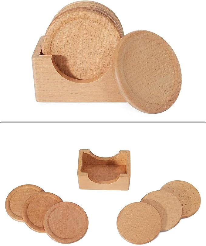 Mu&Ti Wood Coaster, Coffee Beer Coaster.100% Natural Beech Wood Coaster, 6-Piece Coaster Set, Holder Included (Beechwood)