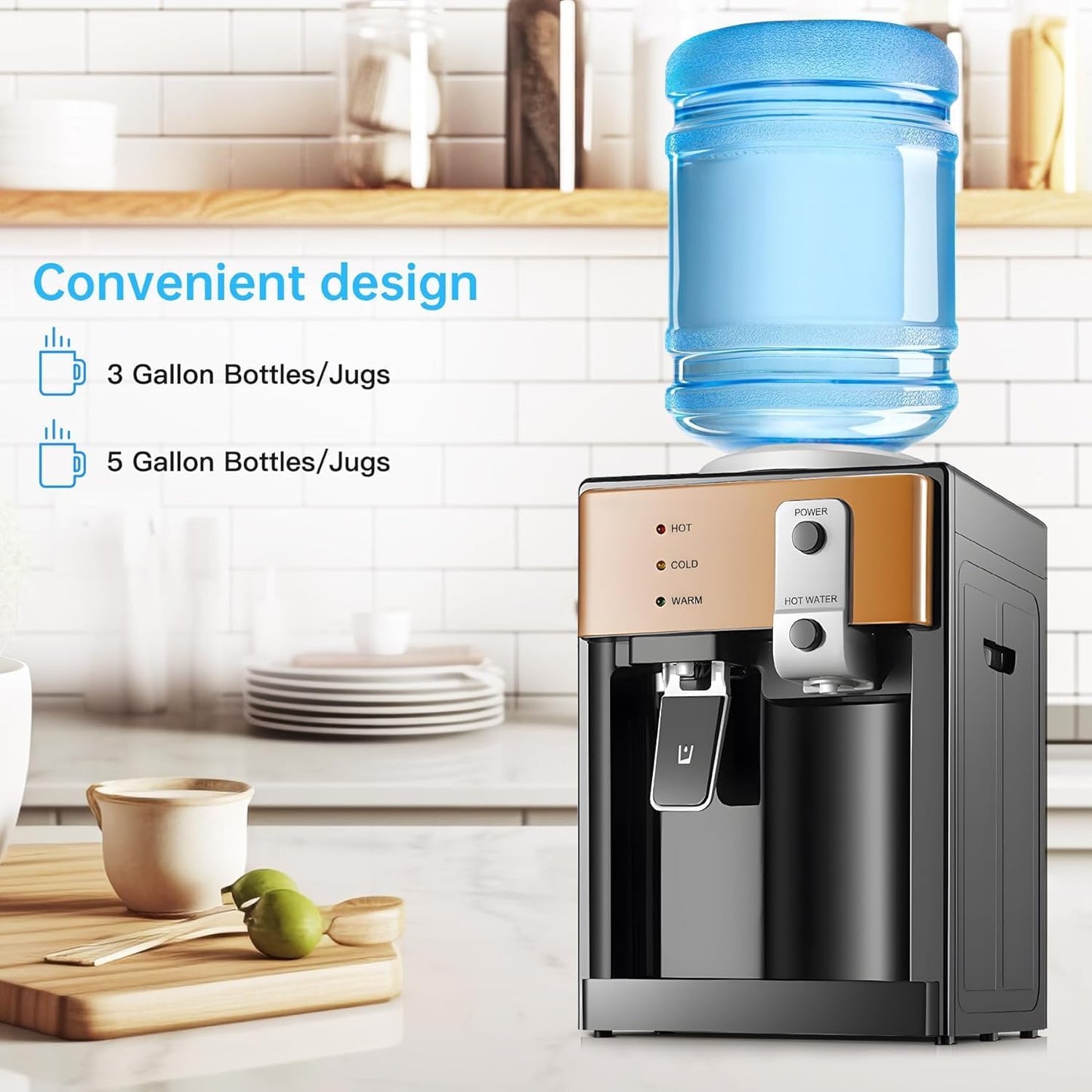 Housiwill Countertop Water Dispenser, Top Loading Water Cooler for 1.2 to 5 Gallon, 3 Temperature Settings Room Temperature Water Cold Hot Water Dispenser, Suitable for Home, Office, Dorm Bedside Use