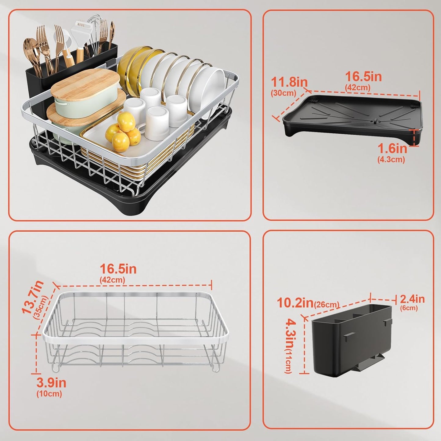 Dish Drying Rack - 304 Stainless Steel Dish Rack for Kitchen Counter with Utensil Holder & Cutlery Tray, Space Saving Countertop Organizer, Black