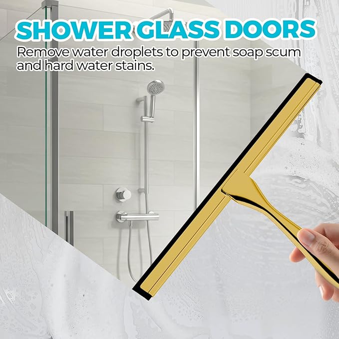 2PACK 10-Inch Golden All-Purpose Shower Squeegee for Shower Doors, Bath Linen Sets, Tile Shower Walls, Bathroom, Window, Glass and Car Windshield, Mirrors and Kitchen-Stainless Steel