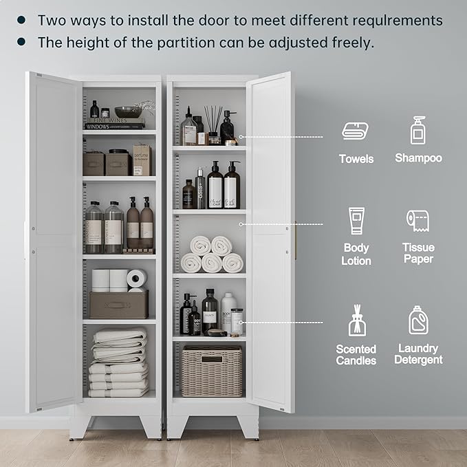 67''Farmhouse Metal Storage Cabinet with Barn Doors,Steel File Cabinet for Home Office,Kitchen Pantry 4 Adjustable Shelves,Freestanding Cupboard for Kitchen,HomeOffice(White)