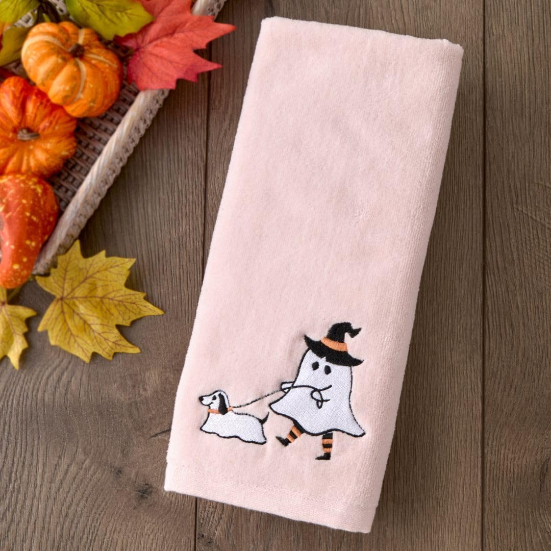 SKL Home Halloween Ghost Walking Dog 100% Cotton Embroidered 2pc Hand Towel Set, Decorative for Bath/Kitchen/Bar & Gift, Pink