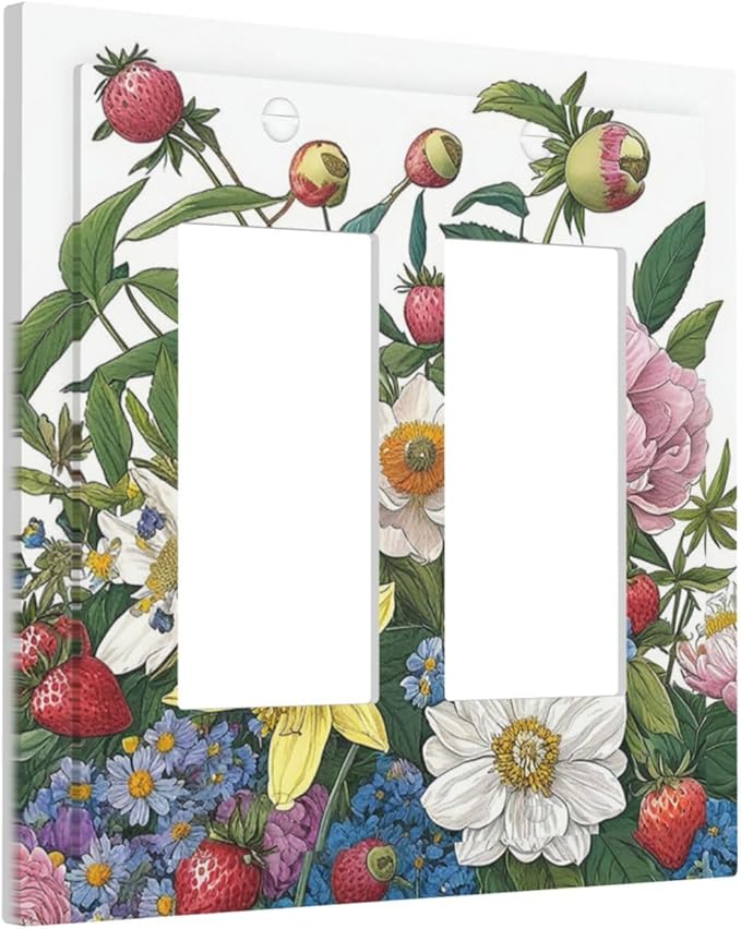 Spring Watercolor Flower Plant Strawberry Peony Floral Decorative Outlet Covers 2 Gang Double GFCI Rocker Electrical Wall Panels Light Switch Cover Plate for Bedroom living Room Decor