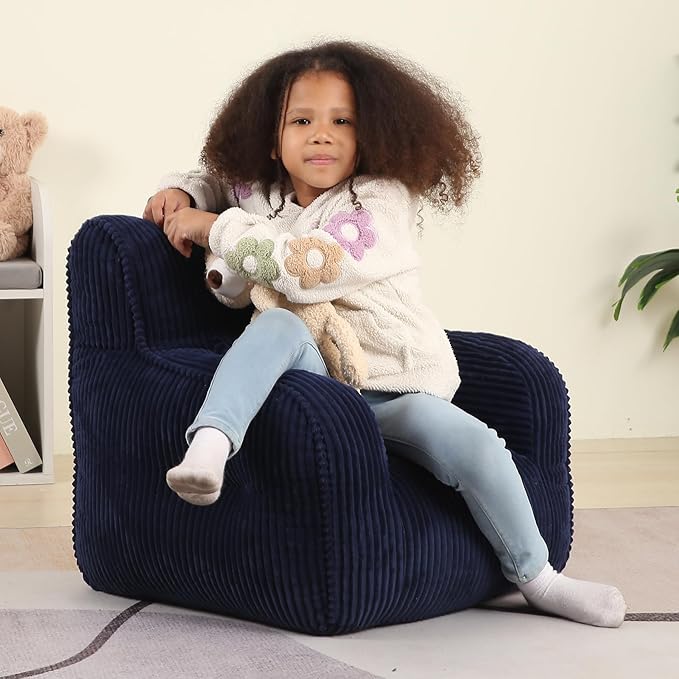 Kids Bean Bag Chair with a Plush Bear, Comfy Toddler Chair for Boys and Girls, Dark Blue