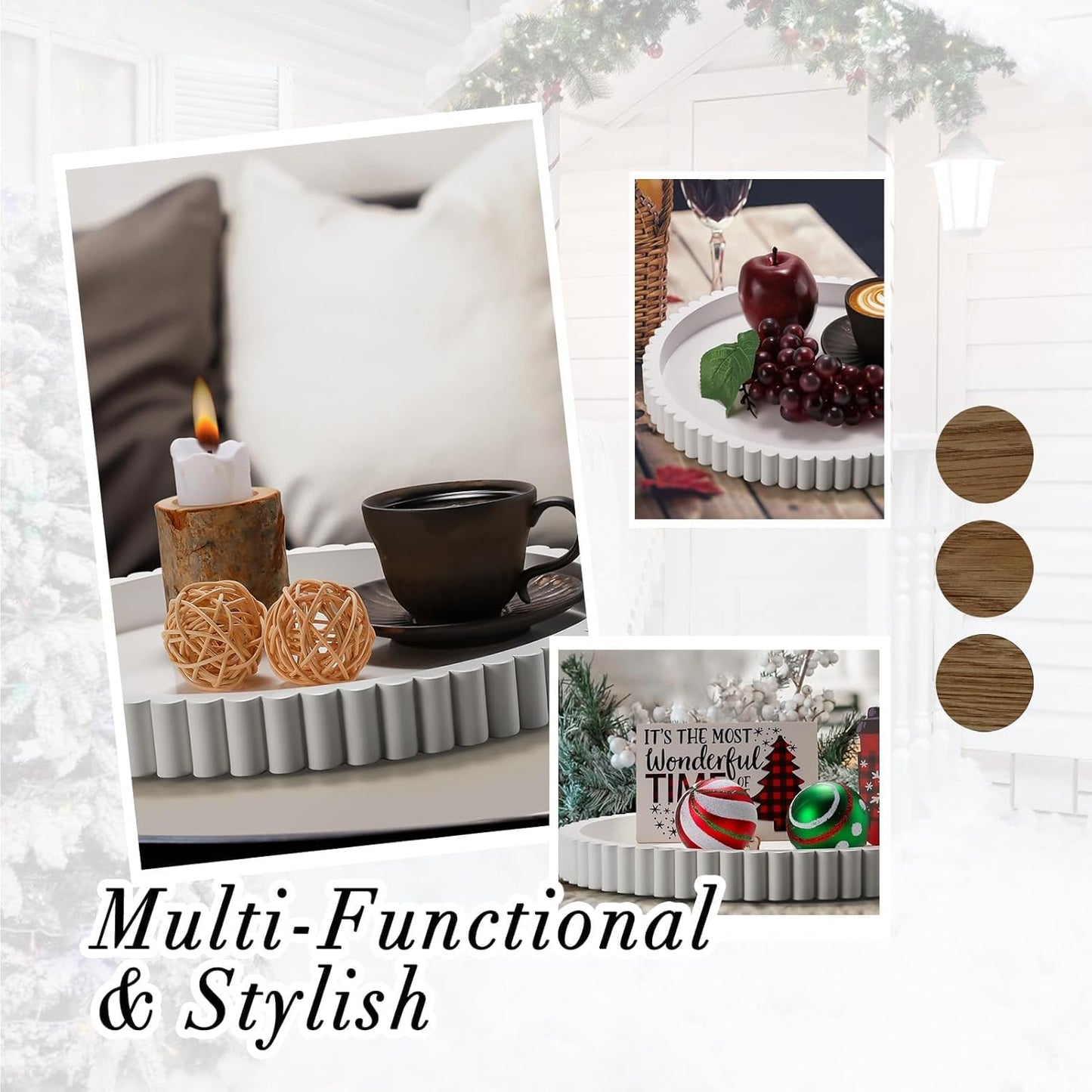 Handmade 12in Decorative Tray for Coffee Table Tray Decor, White Wooden Decorative Round Tray for for Coffee Table, Dining Room Table Entryway and Living Room Table