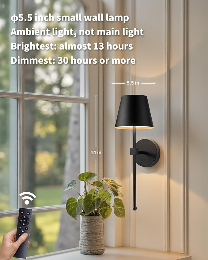 KDG Cordless Wall Sconces Set of 2, Wireless 5200mAh Rechargeable Battery LED Wall Lamps, Wall Lightings for Wall Painting, Outdoor, Garden, Living Room, Bedside, Hallway, Gifts, Night Light (Black)