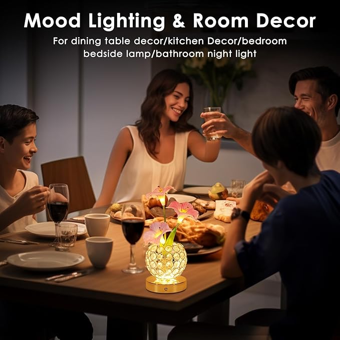 Pink Morning Glory Flowers Table Lamp, Rechargeable Cordless Touch Artificial Flower Crystal Lamp, Kitchen Bedroom Office Decor House Night Light, Birthday Gifts for Women Mom
