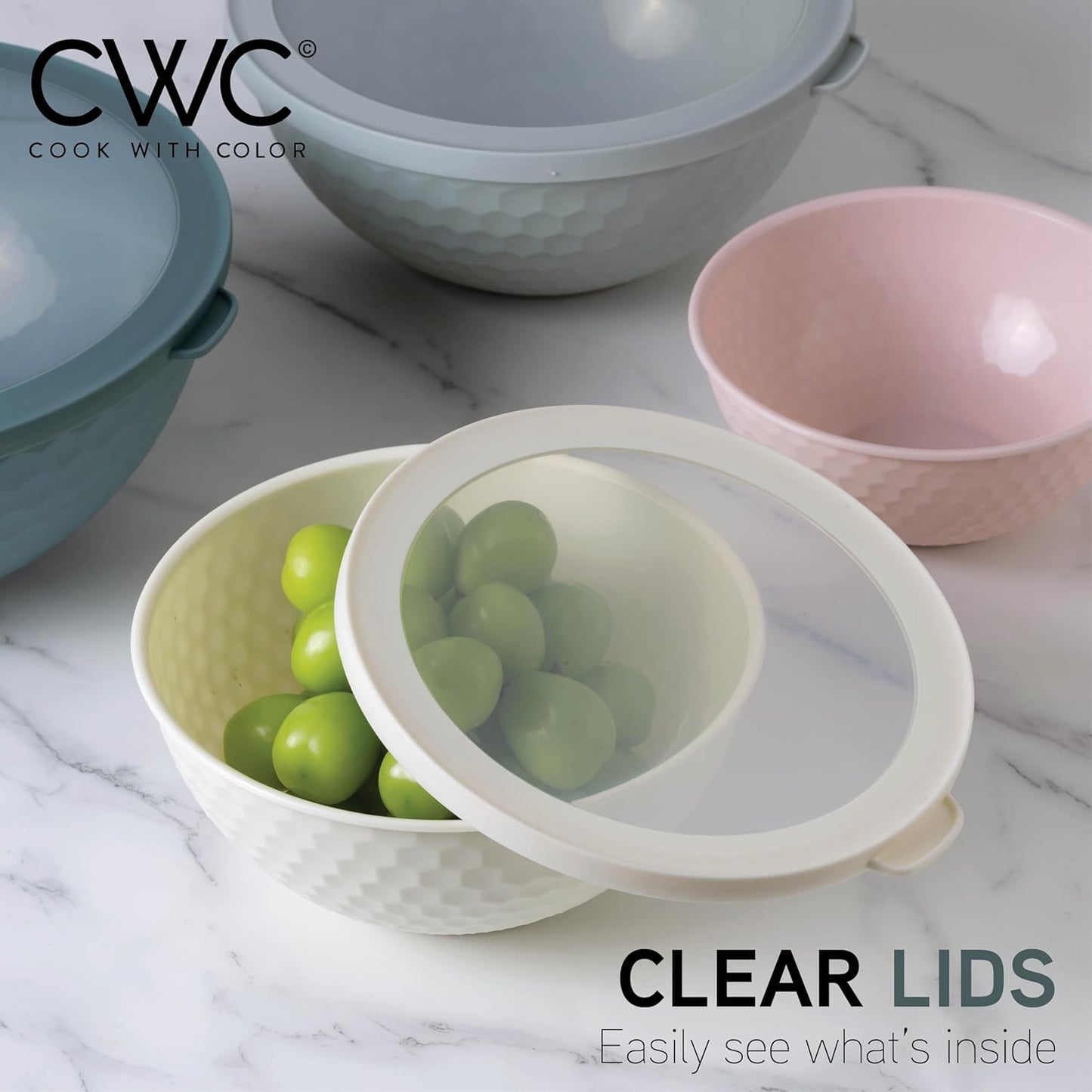 COOK WITH COLOR Mixing Bowls with Lids - 12 Piece Plastic Nesting Bowls Set includes 6 Prep Bowls and 6 Lids, Non Slip Bottom and Embossed Design - Microwave Safe (Teal)