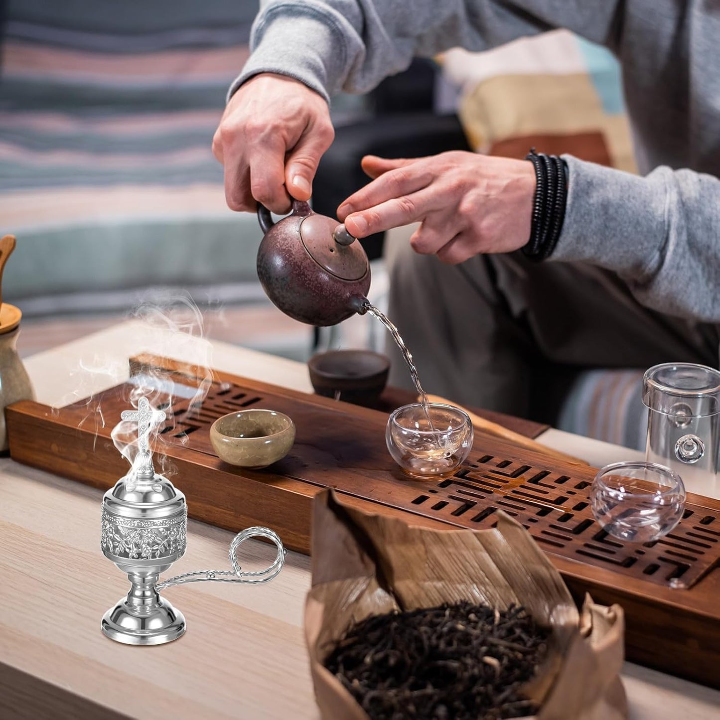 Zonon 2 Sets Incense Burner with Tong, Frankincense Charcoal Incense Stand Holder, Ideal for Yoga, Spa, Aromatherapy, Home and Christian Church Censer (Sliver)