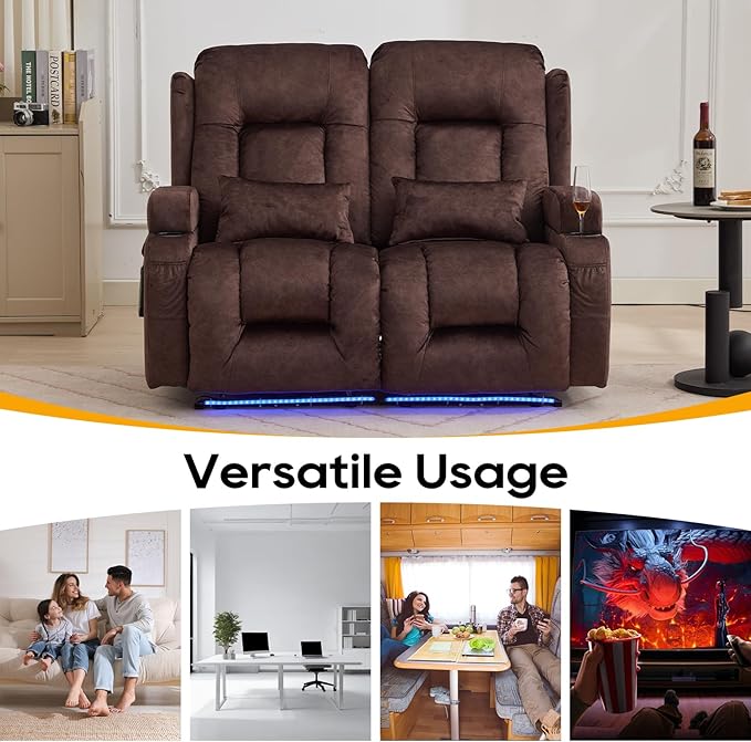 IPKIG 54" Power Loveseat Recliner Sofa, Electric Home Theater Seating with Massage Heat/4 Colors Ambient Lights/USB Port/Side Pocket/Cup Holder for Living Room, Bedroom, RVs(Brown, 2 Seater)