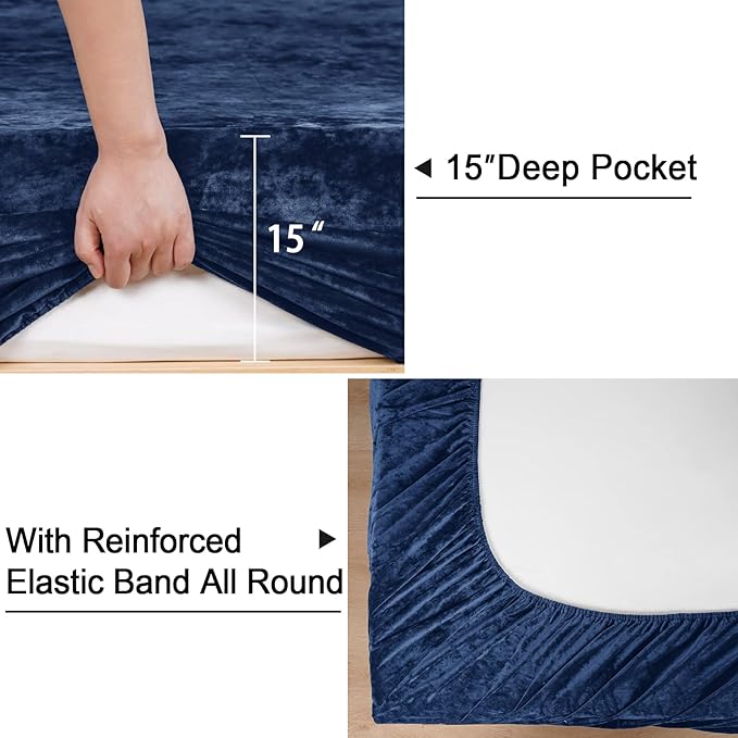 PHF Truly Velvet Fitted Sheet Only Twin Size, Luxury Super Soft Cozy Fuzzy Fleece Bottom Sheet, Deep Pocket Up to 16",Strenghth Elastic Band,Suitable for Fall Winter Spring, No Pillowcases, Navy Blue