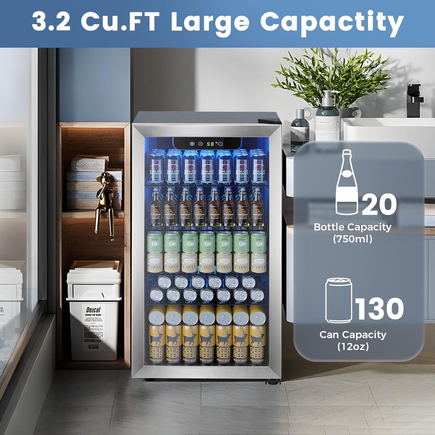 Mini Fridge 130 Can Beverage Refrigerator Cooler, 3.2 Cu.Ft Drink Fridge forSoda Wine Beer, Digital Temperature Control Cooler for Home, Dorm, Bar