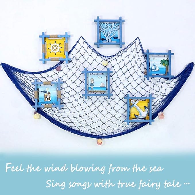 Natural Fishing Net Decor with Shells 79 Inch Beach Theme Decor for Party Home Bedroom Wall Hanging Fish Net Decorations (Sea Blue)