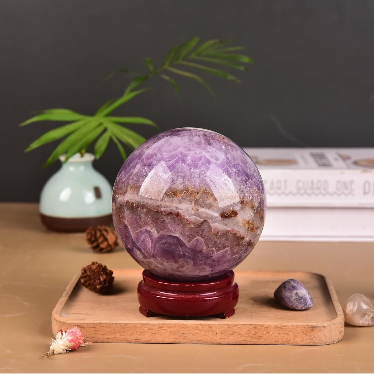 JIC Gem Large Healing Crystal Sphere Ball with Wooden Stand Amethyst Agate Crystal Decorative Ball Meditation Feng Shui Decor 90-100mm
