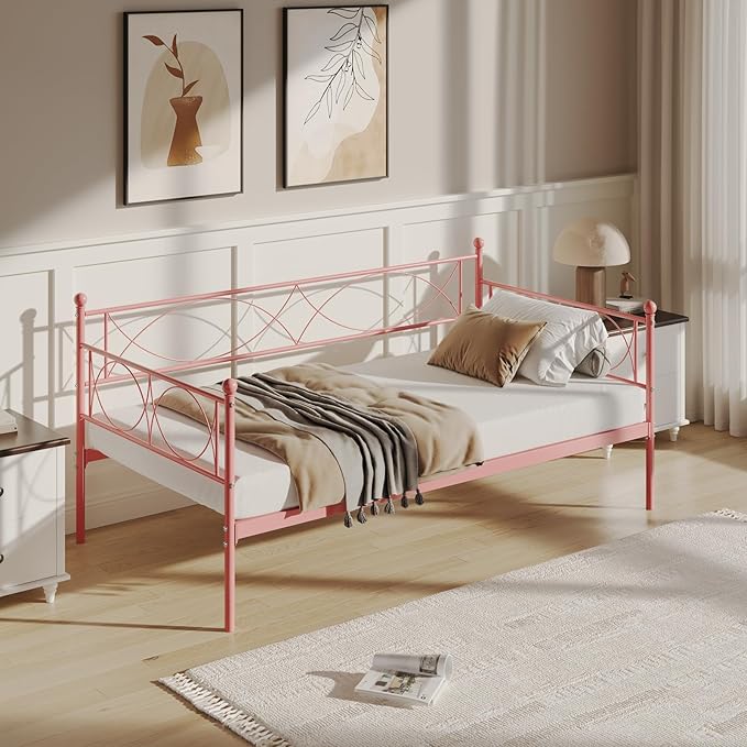 IDEALHOUSE Twin daybed with Trundle, Metal Twin Daybed and Trundle Set, Day Bed Sofa Bed Frame with Steel Slat Support, Multifunctional Daybed Frame for Bedroom (Pink Daybed)
