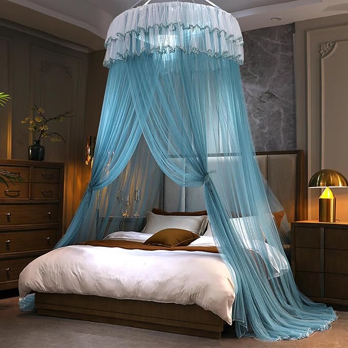 Kertnic Mosquito Net Bed Canopy for Girls, Princess Canopy Bed Curtain Fine Sheer Mesh Dome Bed Canopies, Kids & Adults Lace Tent for Twin Full Queen King Bed (Lake Blue)