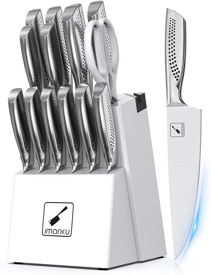 imarku Knife Set, Japanese HC Stainless Steel 15 PCS Kitchen Knife Set With Block With Built-in Sharpener, Razor-Sharp Blade Knife Block Set With Dotted Ergomomic Handle, Best Birthday Gifts, White