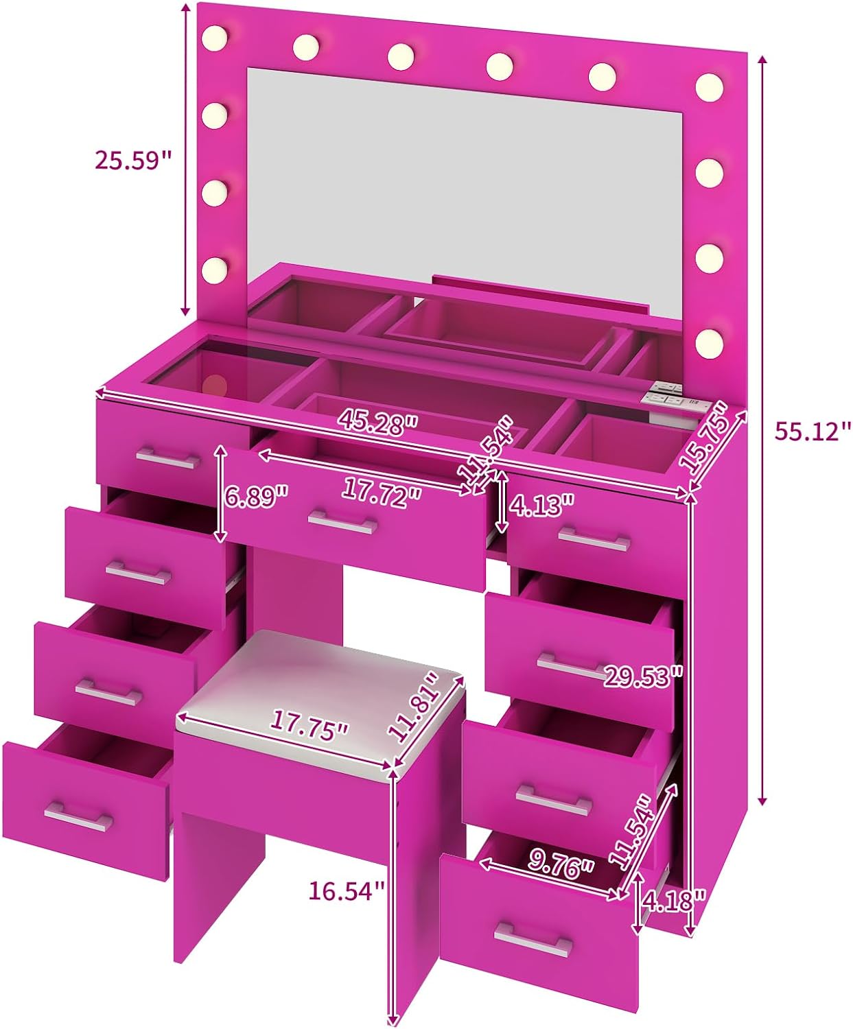 Karl home Vanity Desk with Large Lighted Mirror & Powre Outlet, Glass Tabletop Makeup Vanity Set with 9 Drawers, 45.3" Vanity Table with 3 Color Lighting Modes, Dressing Table for Women Girls, Pink