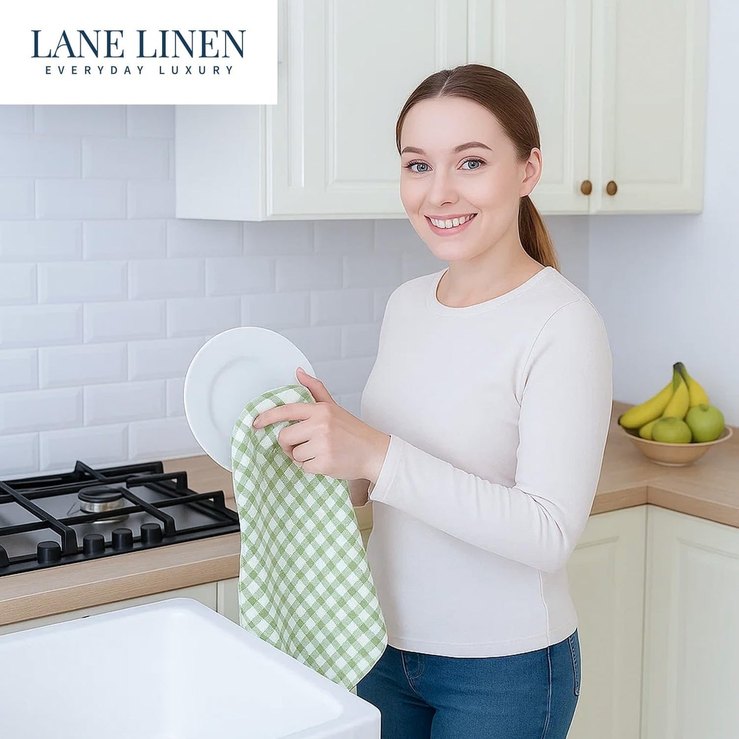 LANE LINEN Cotton Kitchen Towels Set, 4-Pack – Absorbent, Quick-Drying Dish Towels, 18" x 28" - Sage Green