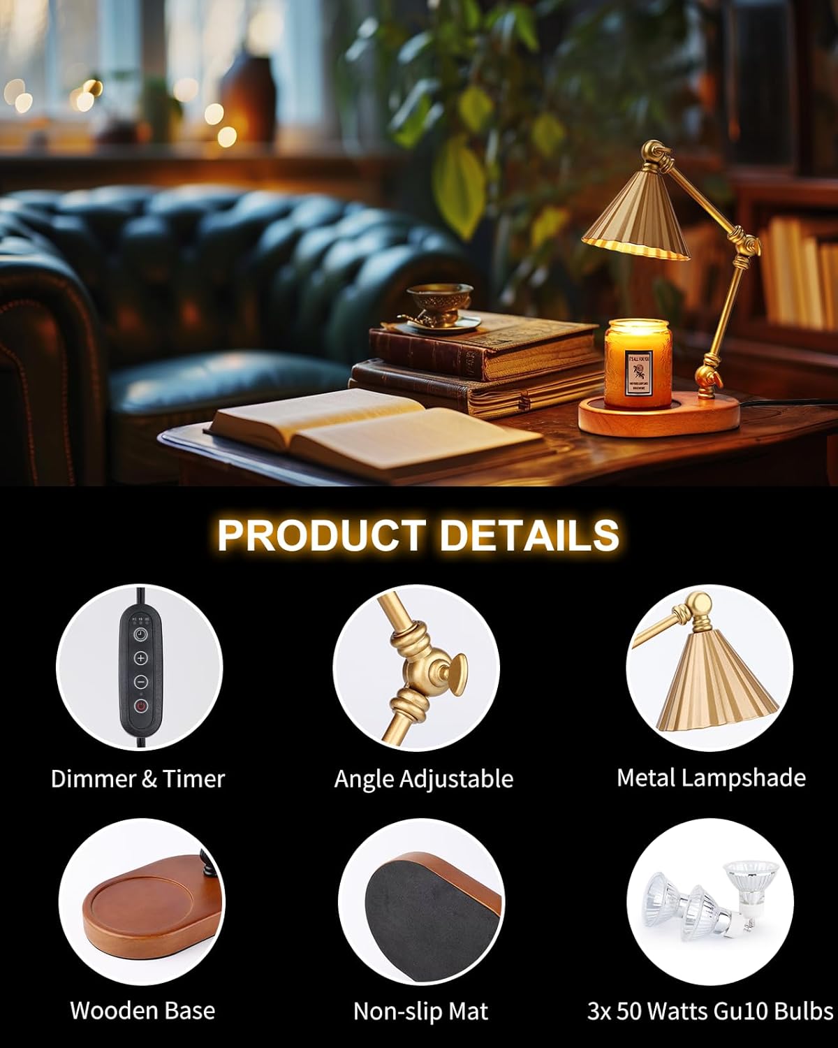 Candle Warmer Lamp with 3 Bulbs, Height Adjustable Candle Lamp Warmer with Timer - Electric Wax Melt Warmer for Scented Wax, Bedroom Home Decor, Gold